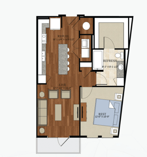 Floor plan for 1 bed, 1 bath, 730 sqft